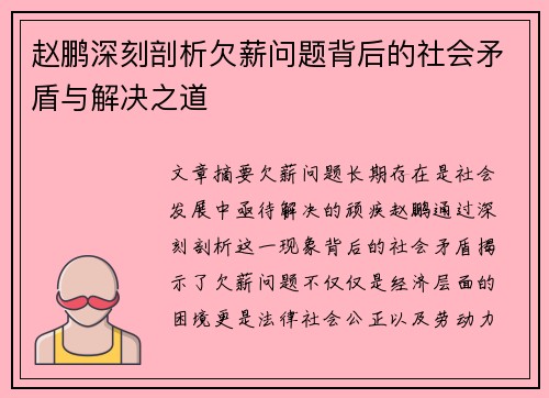 赵鹏深刻剖析欠薪问题背后的社会矛盾与解决之道 赵鹏深刻剖析欠薪问题背后的社会矛盾与解决之道